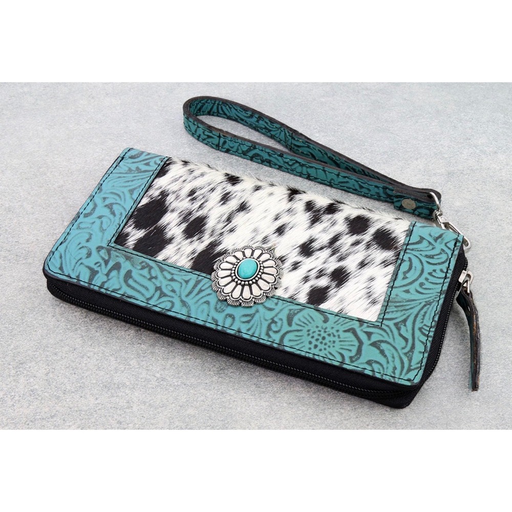 Western Wristlet Wallet Womens OS Turquoise NWT Cowhide Tooled Concho P-SV0103TQ